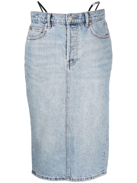 thong-strap denim midi skirt