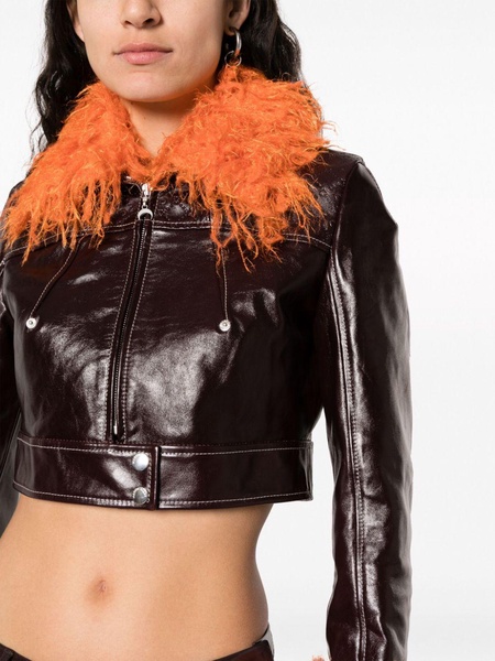 feather-trim cropped leather jacket