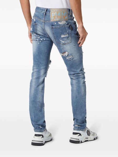 Skull-print distressed straight-leg jeans