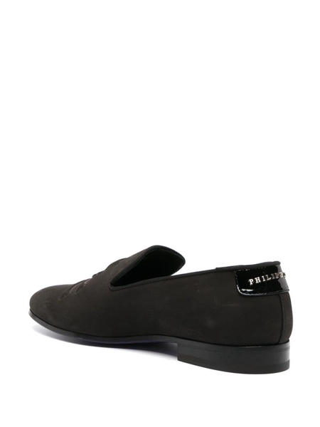 skull-embroidered suede loafers