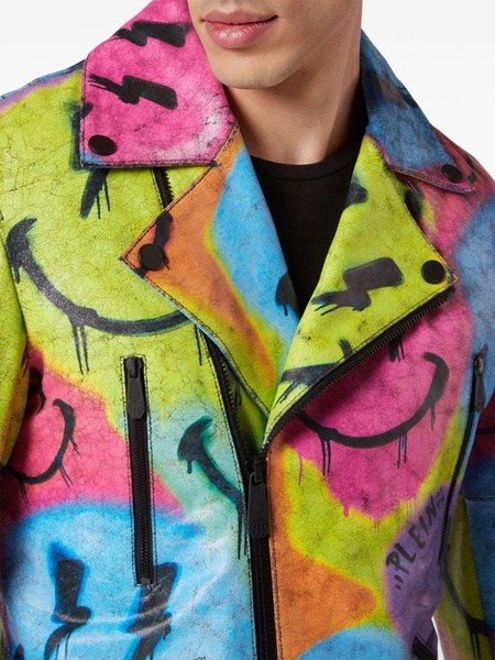 smiley-print leather biker jacket