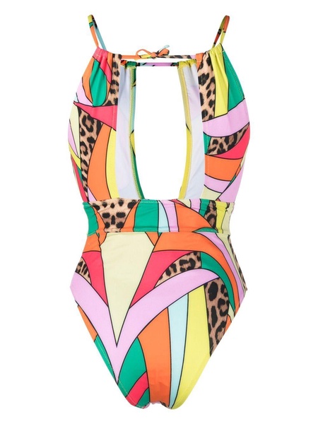 rainbow patchwork-print monokini