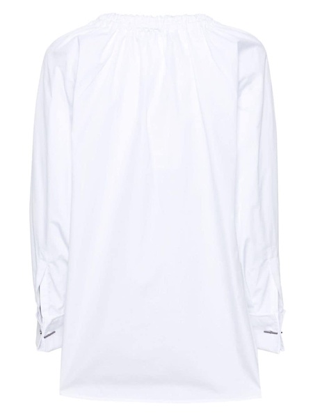 White Drawstring Collar Cotton Blouse