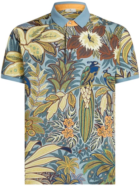 peacock-print cotton polo shirt