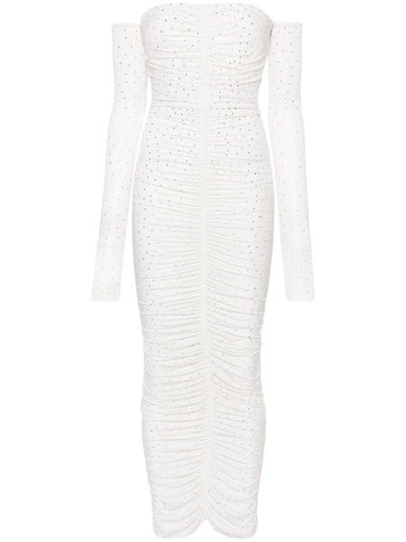 White Crystal-Embellished Ruched Maxi Dress