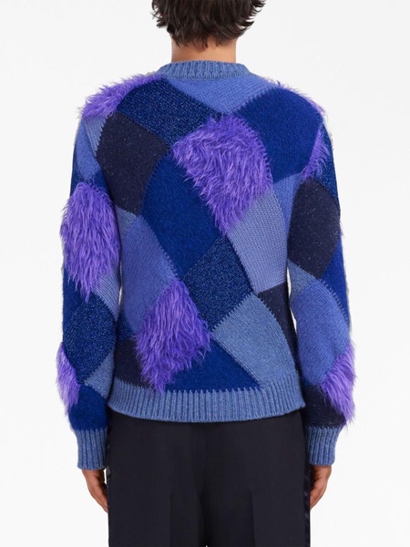 faux-fur argyle-knit jumper