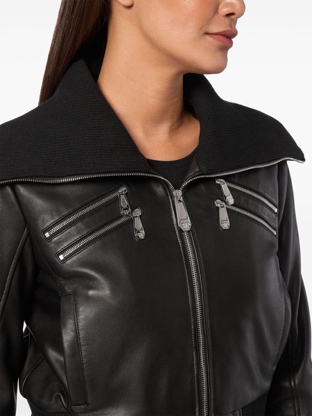 knitted-collar zipped leather jacket