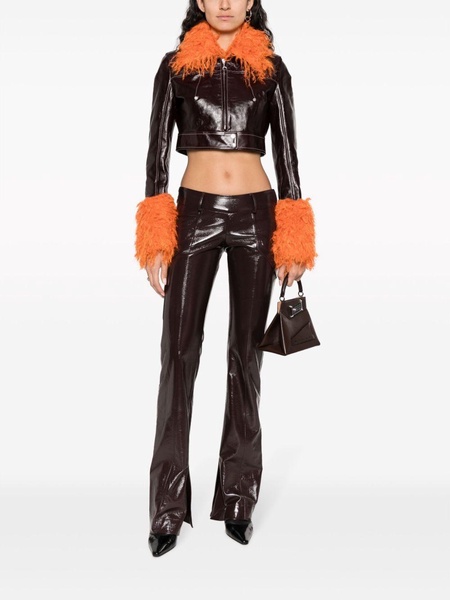 feather-trim cropped leather jacket