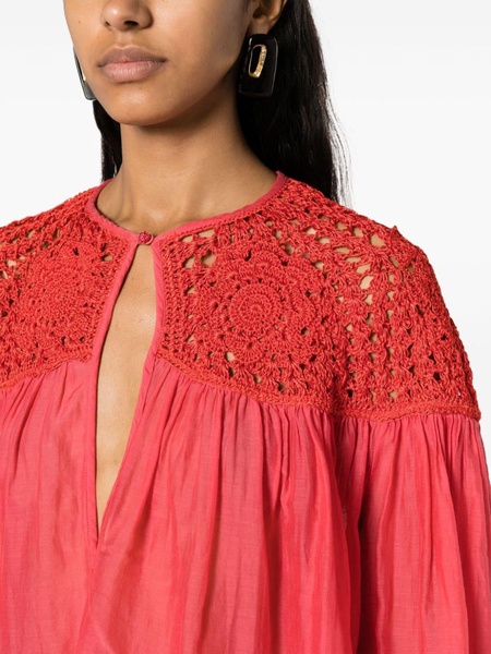 crochet-panel long-sleeve blouse