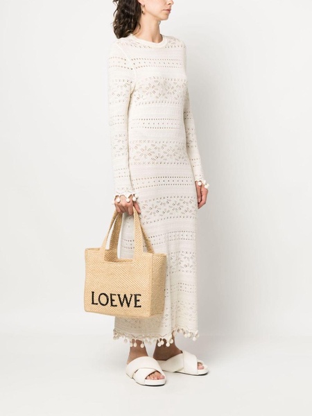 embroidered-logo raffia tote bag