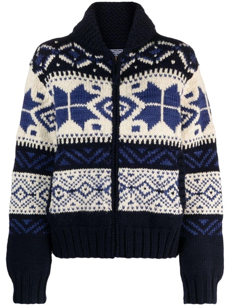 shawl-collar fair isle intarsia-knit cardigan