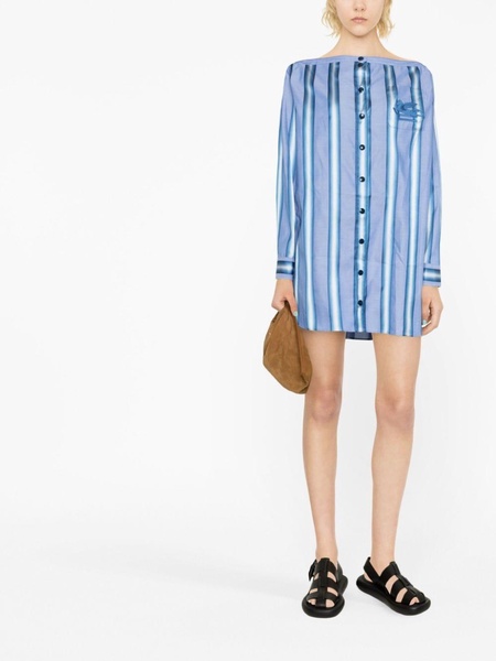 Off-the-shoulder embroidered striped cotton and silk-blend mini shirt dress