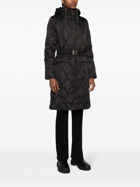 hooded belted quilted coat