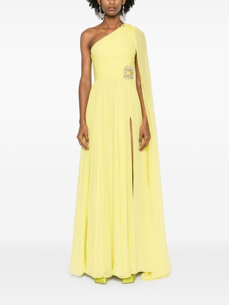 draped one-shoulder gown