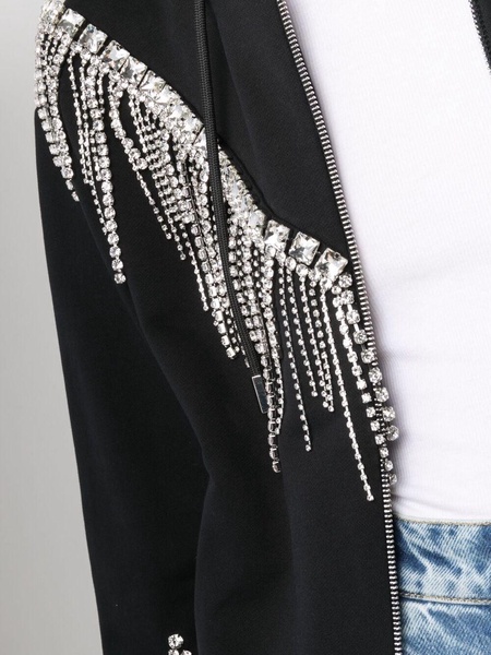 Crystal-fringe hooded zip-up