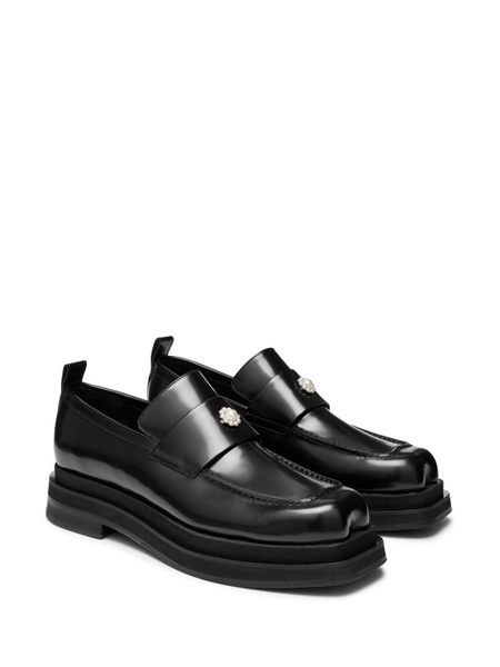 Black Flower-Applique Leather Loafers