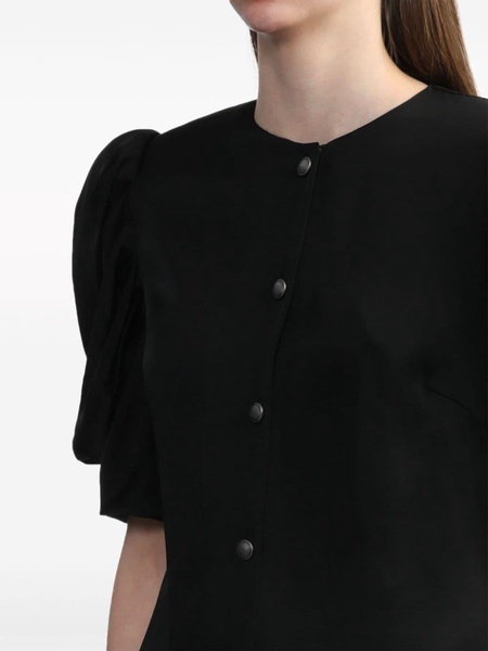 puff-sleeve collarless shirt