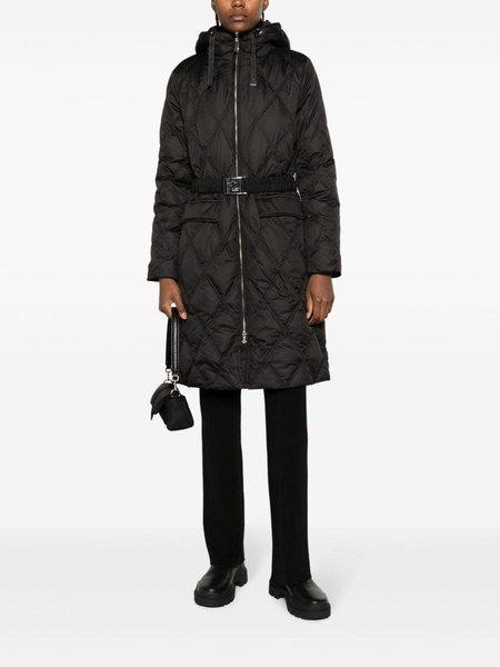 hooded belted quilted coat