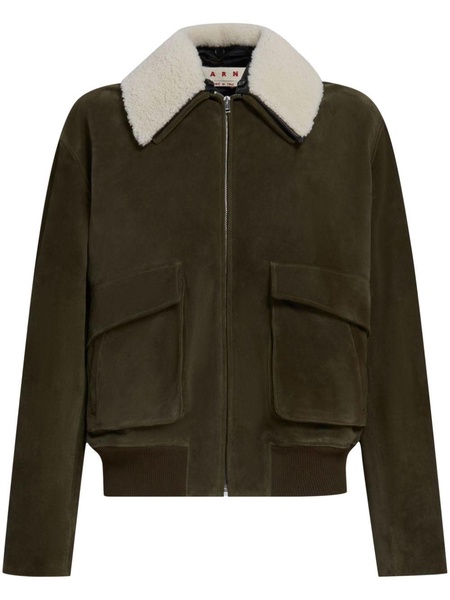 shearling collar zip-up leather jacket