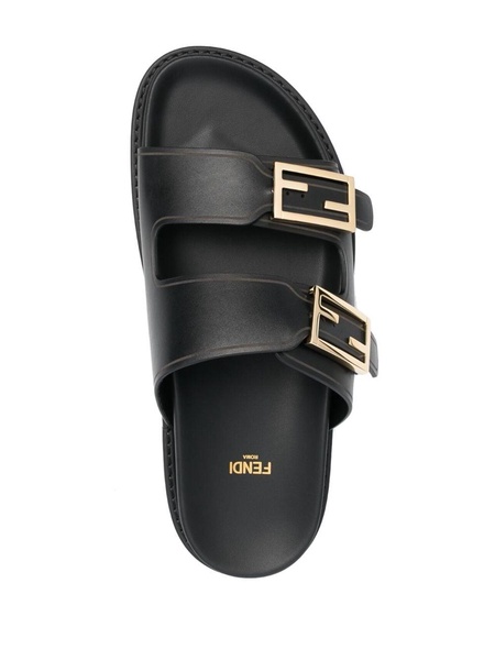 F Buckle Leather Slide Sandals