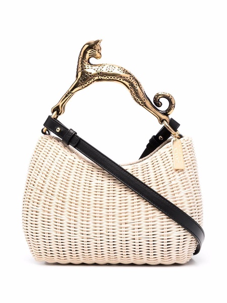 cat embellished-handle woven tote