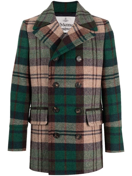 tartan-check virgin wool double-breasted coat