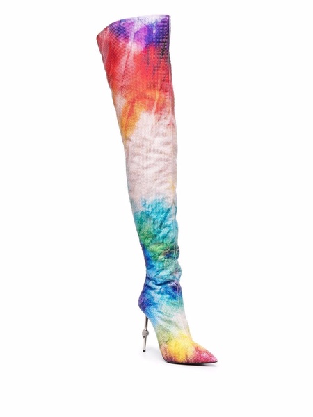 tie-dye print thigh high boots