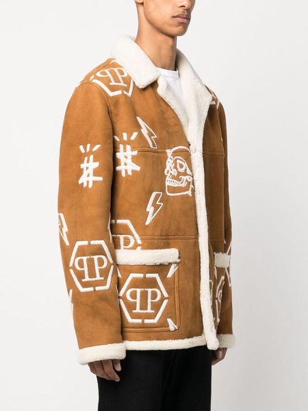 logo-embroidered suede coat