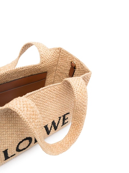 embroidered-logo raffia tote bag