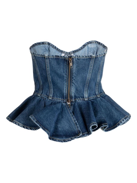 ruffled strapless denim crop top