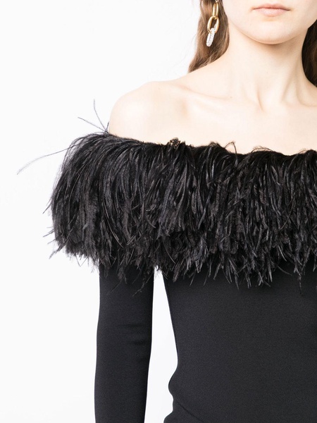 feather-trimmed off-shoulder dress