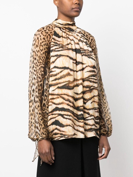 animal-print puff-sleeve blouse