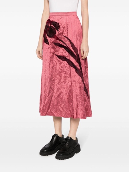 floral-appliqué satin midi skirt