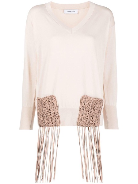 fringe-detail long-sleeve  knitted top