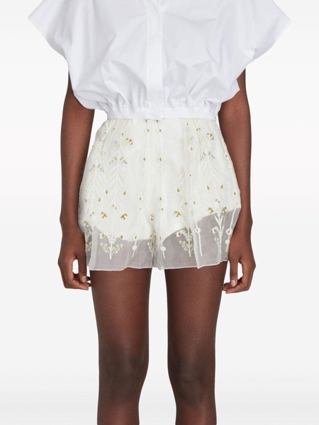 floral-embroidered organza shorts