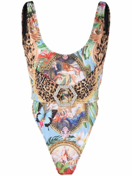 graphic-print belted swimsuit