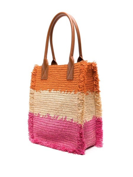 frayed woven-raffia tote bag