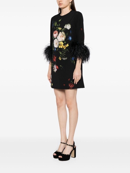 feather-trim floral minidress