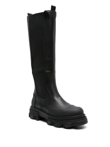 Black Cleated Knee-High Faux-Leather Boots