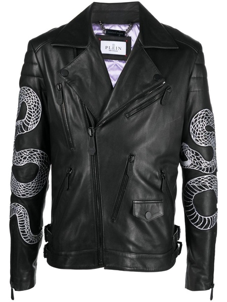 snake-print biker jacket