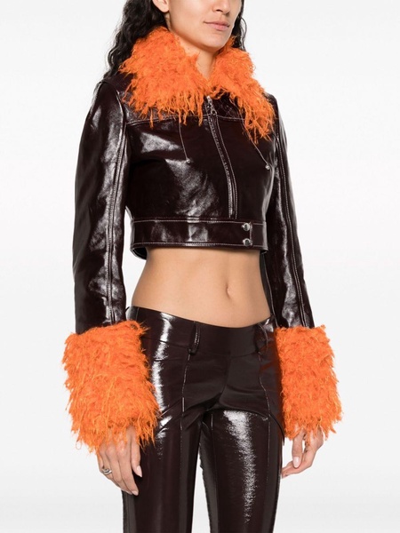 feather-trim cropped leather jacket