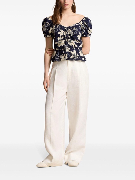 floral-print ruched blouse