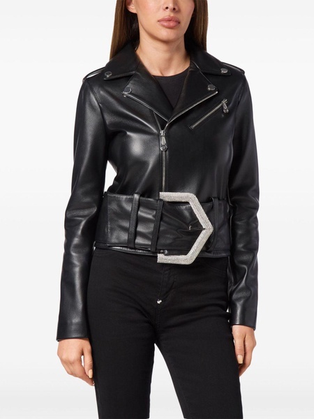 buckled faux-leather biker jacket