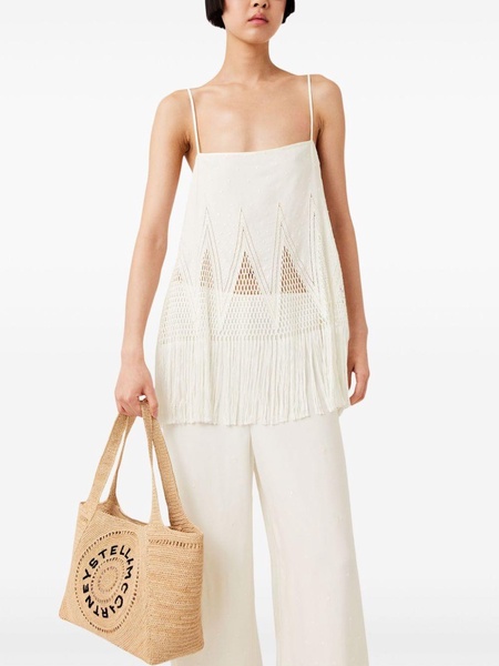 embroidered-logo raffia tote bag