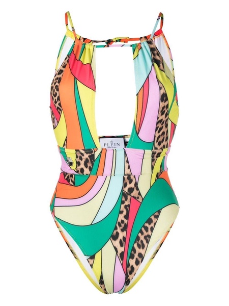 rainbow patchwork-print monokini