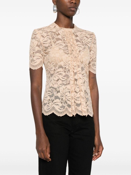 floral-lace semi-sheer blouse