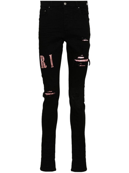 Black Waxed Logo-Appliqué Skinny Jeans