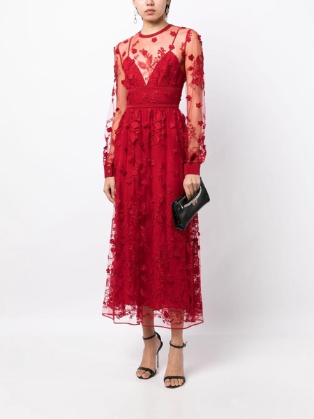 floral-embroidery tulle midi dress