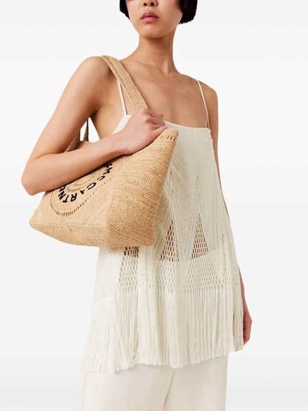 embroidered-logo raffia tote bag