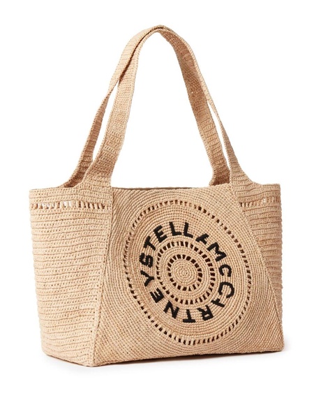 embroidered-logo raffia tote bag